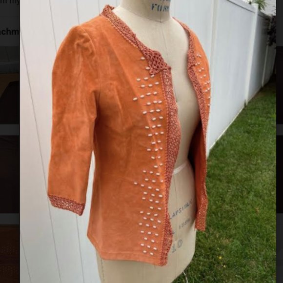 Orange Suede Leather Beaded Embroidered Jacket, S - Picture 3 of 8